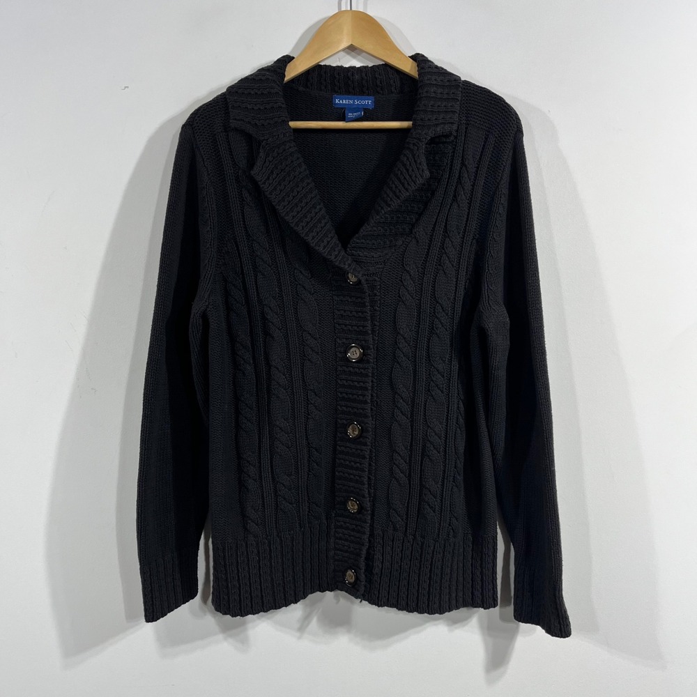 VTG 90s Fisherman Heritage Black Cable Knit Button Cardigan Sweater Womens Large